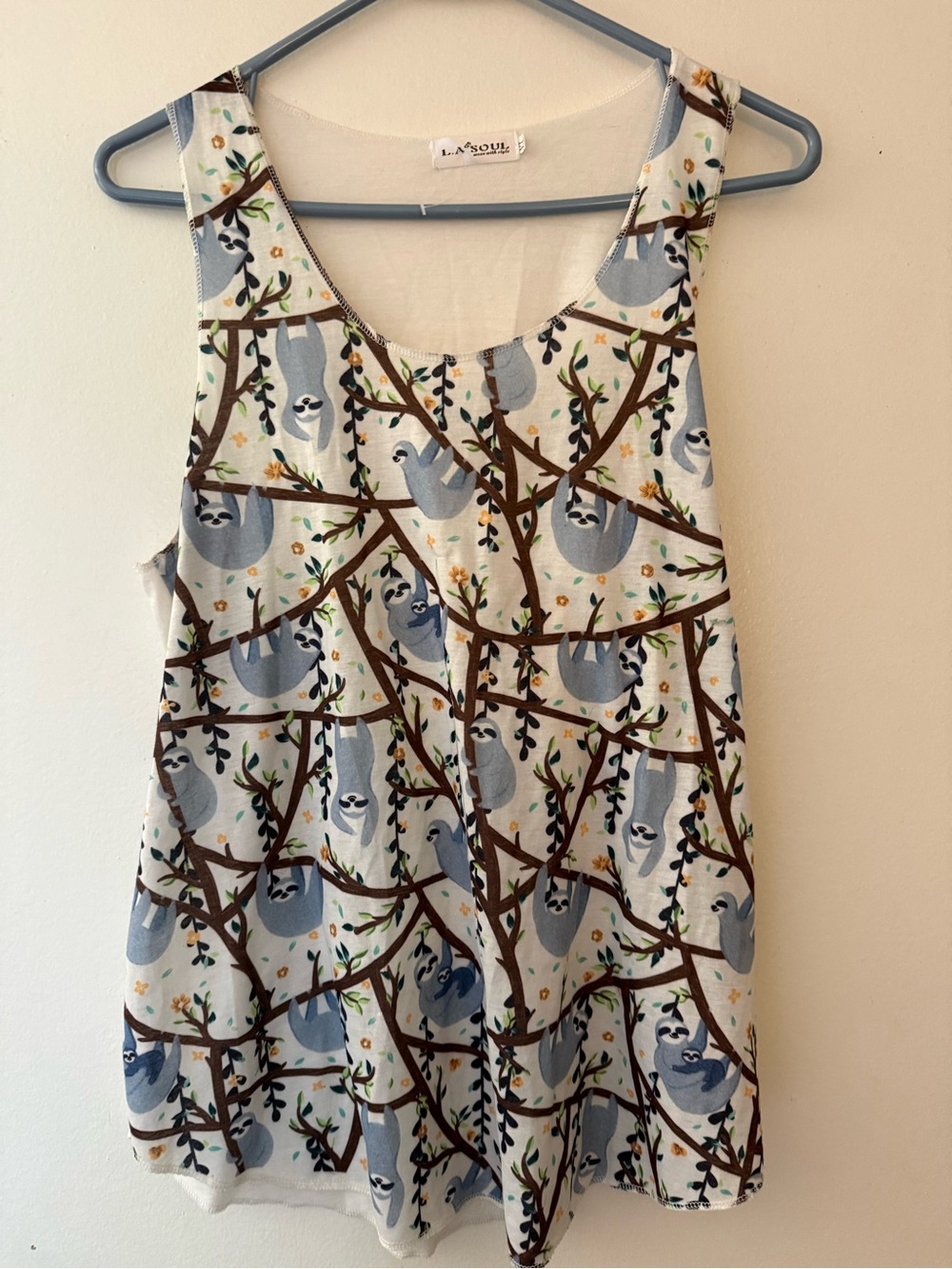 La Soul Sloth Print Tank Top - Light Blue & Brown